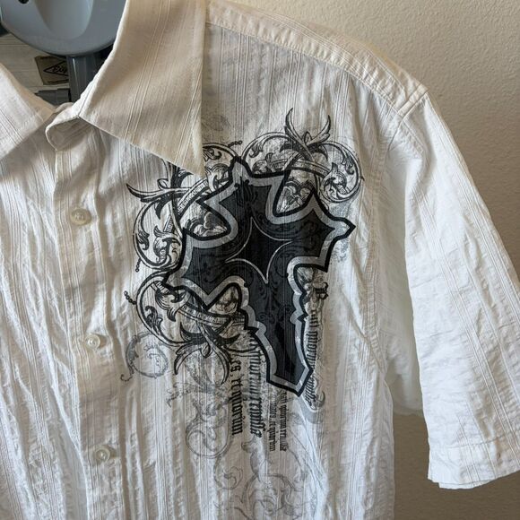 VTG Eighty Eight Button Short Sleeve Shirt Mens XL White Cross Grunge Y2K Punk - Picture 2 of 6